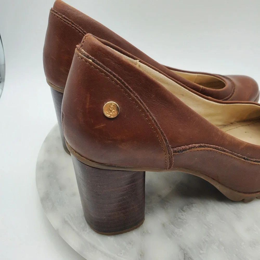 Hush Puppies‎ Spaniel Pump Dachshund Brown Leather Block Heel Comfort Shoes 8.5